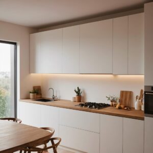 مطبخ أبيض بخطوط خشبية دافئة