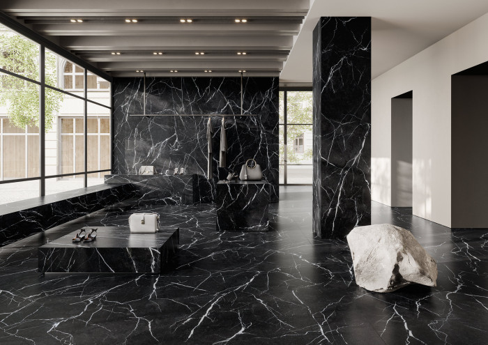 سطح بورسلان Maximus Nero Marquina Marble في مساحة حقيقية